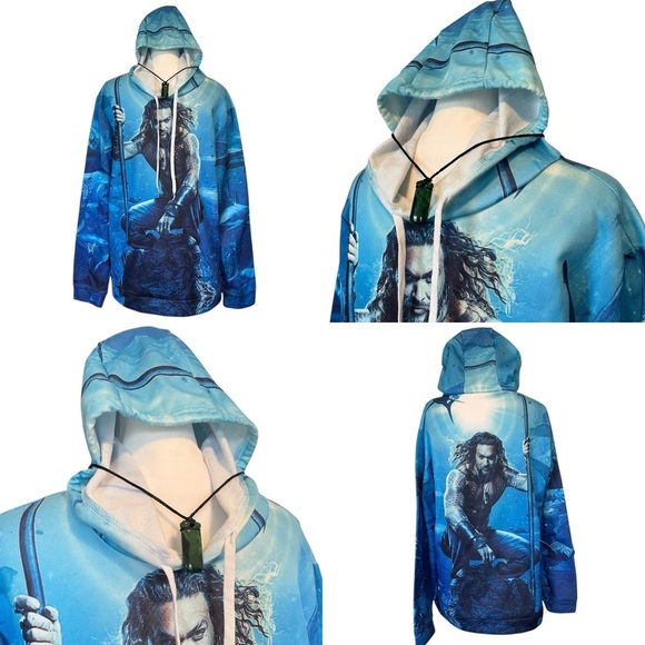 Aquaman Blue Graphic Sweatshirt Women’s / Unisex Hoodie with Pendant Necklace - Picture 2 of 11